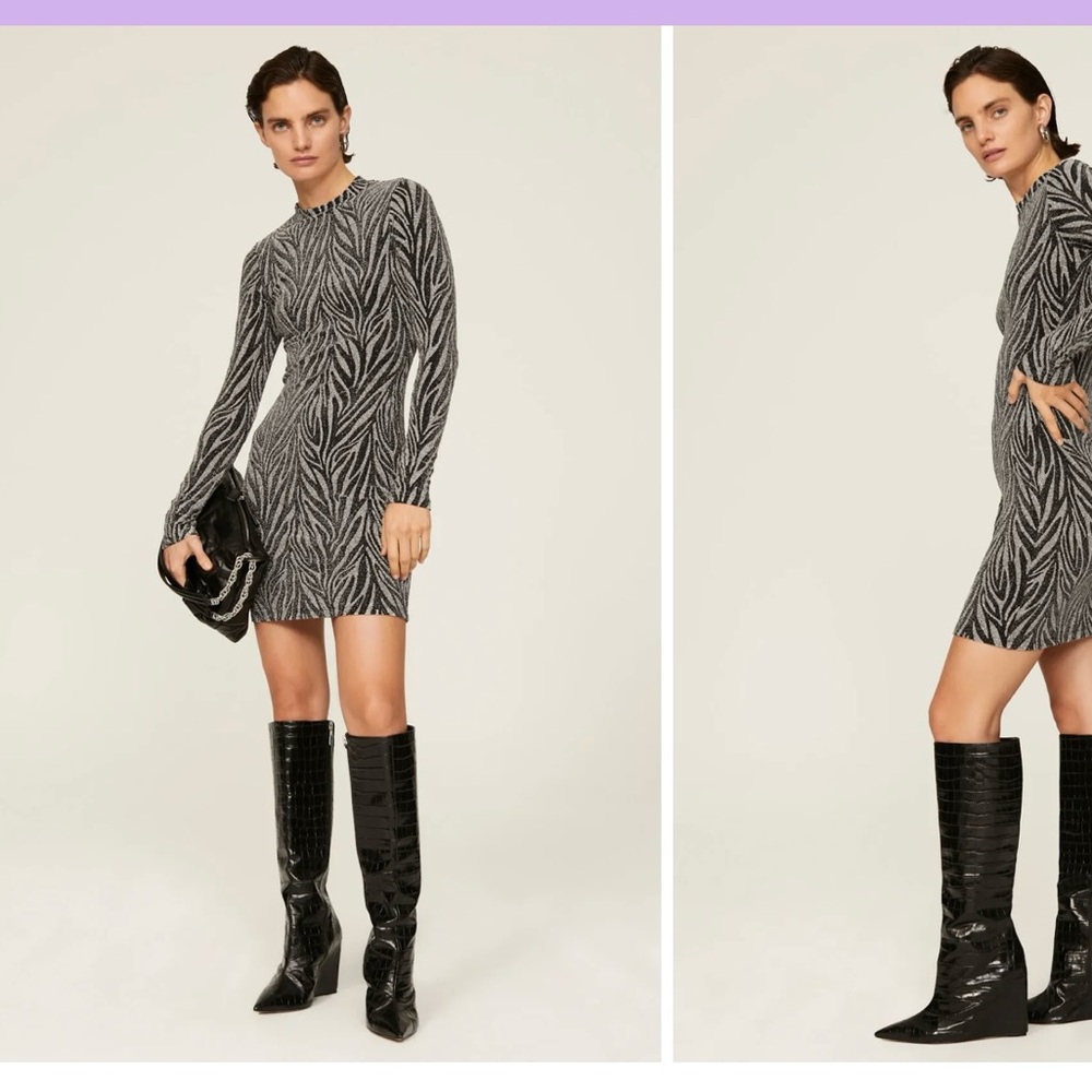 AllSaints Amaya Dress Silver Metallic Zebra Print Long Sleeves Size 6